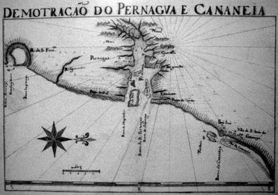 Imagem de um mapa de 1666 com a localizao de minas de ouro em Paranagu - PR