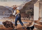 Pintura de <em>Jean-Baptiste Debret</em> (1768-1848). A escravido (nomeada ainda escravismo e escravatura)  a prtica social em que um ser humano tem direitos de propriedade sobre outro designado por escravo, ao qual  imposta tal condio por meio da fora. </br></br> Palavras-chave: Escravido no Brasil. Perodo colonial. Direitos. Propriedade. Preconceito. 