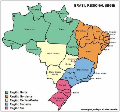 O Brasil est dividido em cinco regies: Norte, Nordeste, Centro-Oeste, Sudeste e Sul.</br></br>
Os estudos da Diviso Regional do IBGE tiveram incio em 1941, sob a coordenao do Prof. Fbio Macedo Soares Guimares. O objetivo principal de seu trabalho foi de sistematizar as vrias "divises regionais" que vinham sendo propostas, de forma que fosse organizada uma nica Diviso Regional do Brasil para a divulgao das estatsticas brasileiras.</br></br>
A Diviso Regional do Brasil em mesorregies, partindo de determinaes mais amplas em nvel conjuntural, buscou identificar reas individualizadas em cada uma das Unidades Federadas, tomadas como universo de anlise e definiu as mesorregies com base nas seguintes dimenses: o processo social como determinante, o quadro natural como condicionante e a rede de comunicao e de lugares como elemento da articulao espacial.</br></br> Aplicabilidade: elaborao de polticas pblicas; subsidiar o sistema de decises quanto  localizao de atividades econmicas, sociais e tributrias; subsidiar o planejamento, estudos e identificao das estruturas espaciais de regies metropolitanas e outras formas de aglomeraes urbanas e rurais.</br></br>Palavras-chave: Dimenso Poltica do Espao Geogrfico. Territrio. Lugar. Pas. Mapa. Regies.