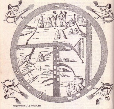 Os mapas medievais "T e O" originaram-se da descrio do mundo na obra Etymologia de Isidoro de Sevilha. Este conceito de cartografia medieval representa apenas o hemisfrio norte de uma Terra esfrica, deduo feita a partir da projeo da poro habitada do mundo conhecida nos tempos romanos e medievais. O "T"  o Mediterrneo dividindo em trs contimentes: Europa, sia e frica, sendo o "O" um Oceano circundante. Jerusalm era usualmente representada no centro do mapa e a sia surgia do tamanho da soma dos outros dois continentes. Porque o Sol nascia a leste, e o Paraso (jardim do den) era geralmente representado como sendo na sia, estando, dessa maneira, situada na poro superior do mapa.
</br></br>
Palavras-chave: Cartografia. Mapas. Sol. Oriente. Ocidente. Jerusalm. sia. Idade Mdia.
