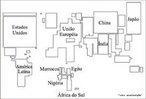 Mapa anamrfico mostrando as maiores economias do mundo. A anamorfose  um tipo de representao cartogrfica que associa a forma ao evento representado. O mapa da Amrica Latina representa um PIB um pouco maior que o da China, maior que o indiano e o africano, mas bem menor do que o norte americano, o japons e o europeu. </br></br> Palavras-chave: Anamorfose. Representao Cartogrfica. Economias do Mundo. PIB. 