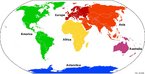 Distribuição dos continentes América, Ásia, África, Antártida, Europa e Oceania pelo glogo terrestre. </br></br> Palavras-chave: Colonização. Mapa. Continentes. Imigração. Migrações. Localização. Orientação. Exploração. Povoamento. Economia. Território.