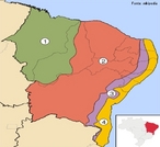 Sub-regies do Nordeste: 1  Meio norte, 2  Serto, 3  Agreste e 4  Zona da Mata </br></br> Palavras-chave: Economia. Clima. Vegetao. Relevo. Diversidade Climtica.