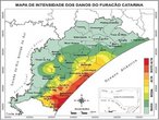 Nos dias 27 e 28 de maro de 2004, os litorais gacho e catarinense sofreram um grande impacto causado por um fenmeno atmosfrico atpico, que ficou conhecido como o Furaco Catarina. Os municpios que sofreram os maiores danos foram Passos de Torres, Balnerio Gaivota e Balnerio, localizados no litoral catarinense. Eles foram castigados pelos fortes ventos que, segundo a escala Saffir-Simpson, variaram entre 154 a 177 km/h , denominando o Catarina como um furaco de categoria 2. O mapa mostra os municpios atingidos pelo Catarina. </br></br> Palavras-chave: Furaco. Furaco Catarina. Escala Saffir-Simpson. Ventos. Litoral Catarinense. Santa Catarina. Rio Grande do Sul. Clima. 