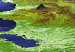 Imagem em 3D do Monte <em>Fugi</em>.  a mais alta montanha da Ilha de Honshu e de todo Japo e a 35 mais alta do mundo.  um vulco ativo, porm de baixo risco de erupo. </br></br> Palavras-chave: Monte Fugi. Japo. sia. Geologia. Relevo.