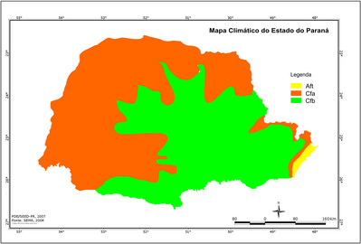 O clima paranaense  predominantemente subtropical mido. A temperatura varia entre 14C e 22C, e o clima  mais frio na poro sul dos planaltos do interior. Os ndices pluviomtricos variam entre 1.500 mm a 2.500 mm anuais. 
</br></br>
De acordo com a classificao de Kppen, no Estado do Paran dominam os climas do tipo C (Mesotrmico) e o clima do tipo A (Tropical Chuvoso), subdivididos da seguinte forma:
</br></br> 
Aft  Clima Tropical Supermido (Tropical Chuvoso)
Com mdia do ms mais quente acima de 22C e do ms mais frio superior a 18C, sem estao seca e isento de geadas. Aparece em todo o litoral e na poro oriental da Serra do Mar.</br></br>
Cfa  Clima Subtropical mido (Mesotrmico)
Com mdia do ms mais quente superior a 22C e no ms mais frio inferior a 18C, sem estao seca definida, vero quente e geadas menos freqentes. Distribuindo-se pelo Norte, Centro, Oeste e Sudoeste do Estado, como tambm pelo vale do Rio Ribeira.
</br></br>
Cfb  Clima Temperado mido (Mesotrmico)
Com mdia do ms mais quente inferior a 22C e do ms mais frio inferior a 18C, no apresenta estao seca, vero brando e geadas severas e freqentes. Distribui-se pelas terras mais altas dos planaltos e das reas serranas (Planaltos de Curitiba, Campos Gerais, Guarapuava, etc.)</br></br>Palabras-chave: Paran. Clima. Relevo. Clima Subtropical mido. Clima Tropical Supermido. Clima Temperado mido. Classificao de Kppen.