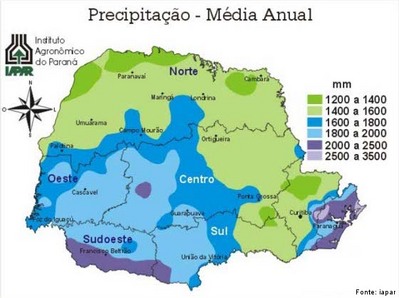 As cartas climticas do Estado do Paran, edio 2000, foram baseadas no acervo das informaes disponveis, coletadas e gerenciadas por diversas Instituies. Estas foram analisadas e mapeadas com os melhores recursos atualmente disponveis para processamento e anlise de dados, bem como para a espacializao dos resultados. O mapa representa a precipitao mdia anual. O termo "precipitao"  definido como qualquer deposio dgua em forma lquida ou slida proveniente da atmosfera, incluindo a chuva, granizo, neve, neblina, chuvisco e orvalho. A precipitao  medida em altura, normalmente expressa em milmetros. Uma precipitao de 1 mm  equivalente a um volume de 1 litro de gua numa superfcie de 1 metro quadrado.</br></br>Palavras-chave: Precipitao. Chuvas. Neve. Granizo. Geada. Cartas Climticas. Paran. gua.