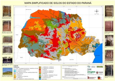 O mapa apresenta a distribuio dos diferentes tipos de solo no estado do Paran.</br></br>Palavras-chave: Paran. Agricultura. Economia. Solo. Rochas.