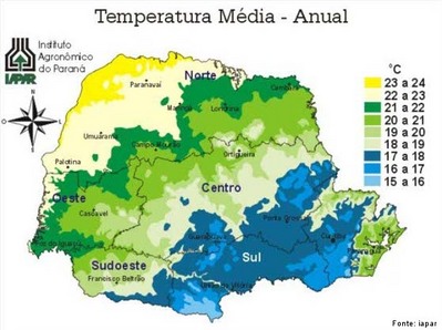 As cartas climticas do Estado do Paran, edio 2000, foram baseadas no acervo das informaes disponveis, coletadas e gerenciadas por diversas Instituies. Estas foram analisadas e mapeadas com os melhores recursos atualmente disponveis para processamento e anlise de dados, bem como para a espacializao dos resultados. O mapa representa a temperatura mdia anual. Quando a radiao solar atinge a superfcie da terra, uma parcela dessa energia  destinada para o aquecimento do ar que nos envolve. A temperatura do ar pode ser definida em termos de movimento das molculas de ar ou em termos relativos, com base no grau de calor que o ar contm. As cartas de isotermas - linhas que ligam pontos com mesma temperatura - foram traadas a partir de sries homogneas de 20 anos de observaes nas estaes meteorolgicas do Iapar.
</br></br>
Palavras-chave: Cartas Climticas. Temperatura. Paran. Ar. Iapar. Isotermas.