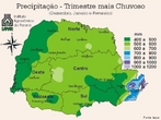 As cartas climticas do Estado do Paran, edio 2000, foram baseadas no acervo das informaes disponveis, coletadas e gerenciadas por diversas Instituies. Estas foram analisadas e mapeadas com os melhores recursos atualmente disponveis para processamento e anlise de dados, bem como para a espacializao dos resultados. O mapa representa a precipitao no trimestre mais chuvoso. O termo "precipitao"  definido como qualquer deposio dgua em forma lquida ou slida proveniente da atmosfera, incluindo a chuva, granizo, neve, neblina, chuvisco e orvalho. A precipitao  medida em altura, normalmente expressa em milmetros. Uma precipitao de 1 mm  equivalente a um volume de 1 litro de gua numa superfcie de 1 metro quadrado.</br></br>Palavras-chave: Precipitao. Chuvas. Neve. Granizo. Geada. Cartas Climticas. Paran. gua. Trimestre mais Chuvoso.