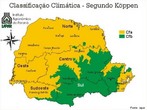 O sistema de classificao climtica de Kppen, baseado na vegetao, temperatura e pluviosidade, apresenta um cdigo de letras que designam grandes grupos e subgrupos climticos, alm de subdivises para distinguir caractersticas de temperatura e pluviosidade (TREWARTHA & HORN, 1980). Utilizando a srie de dados do Iapar at 1998, foram identificados dois tipos climticos: Cfa e Cfb. Cfa - Clima subtropical; temperatura mdia no ms mais frio inferior a 18C (mesotrmico) e temperatura mdia no ms mais quente acima de 22C, com veres quentes, geadas pouco frequentes e tendncia de concentrao das chuvas nos meses de vero, contudo sem estao seca definida. Cfb - Clima temperado propriamente dito; temperatura mdia no ms mais frio abaixo de 18C (mesotrmico), com veres frescos, temperatura mdia no ms mais quente abaixo de 22C e sem estao seca definida. </br></br> Palavras-chave: Clima. Kppen. Vegetao. Temperatura. Pluviosidade. Iapar. Mesotrmico. Paran.