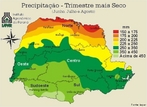 As cartas climticas do Estado do Paran, edio 2000, foram baseadas no acervo das informaes disponveis, coletadas e gerenciadas por diversas Instituies. Estas foram analisadas e mapeadas com os melhores recursos atualmente disponveis para processamento e anlise de dados, bem como para a espacializao dos resultados. O mapa representa a precipitao no trimestre mais seco. O termo "precipitao"  definido como qualquer deposio dgua em forma lquida ou slida proveniente da atmosfera, incluindo a chuva, granizo, neve, neblina, chuvisco e orvalho. A precipitao  medida em altura, normalmente expressa em milmetros. Uma precipitao de 1 mm  equivalente a um volume de 1 litro de gua numa superfcie de 1 metro quadrado. </br></br> Palavras-chave: Precipitao. Chuvas. Neve. Granizo. Geada. Cartas Climticas. Paran. gua.