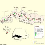 No estado do Paran h concessionrias de pedgio como: Caminhos do Paran - 4 praas de pedgio, Econorte - 3 praas de pedgio, Ecovia - Curitiba-Paranagu - 1 praa de pedgio, Rodonorte - 7 praas de pedgio, Rodovia das Cataratas - 5 praas de pedgio, Viapar - 6 praas. O pedgio  um direito de passagem pago mediante taxa ao poder pblico ou a uma concessionria delegada para ressarcir custos de construo e manuteno de uma via de transporte. </br></br> Palavras-chave: Dimenso Poltica do Espao Geogrfico. Territrio. Lugar. Pas. Pedgio. Mapa. Concessionria.