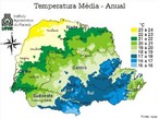 As cartas climticas do Estado do Paran, edio 2000, foram baseadas no acervo das informaes disponveis, coletadas e gerenciadas por diversas Instituies. Estas foram analisadas e mapeadas com os melhores recursos atualmente disponveis para processamento e anlise de dados, bem como para a espacializao dos resultados. O mapa representa a temperatura mdia anual. Quando a radiao solar atinge a superfcie da terra, uma parcela dessa energia  destinada para o aquecimento do ar que nos envolve. A temperatura do ar pode ser definida em termos de movimento das molculas de ar ou em termos relativos, com base no grau de calor que o ar contm. As cartas de isotermas - linhas que ligam pontos com mesma temperatura - foram traadas a partir de sries homogneas de 20 anos de observaes nas estaes meteorolgicas do Iapar. </br></br> Palavras-chave: Cartas Climticas. Temperatura. Paran. Ar. Iapar. Isotermas.