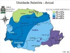 As cartas climticas do Estado do Paran, edio 2000, foram baseadas no acervo das informaes disponveis, coletadas e gerenciadas por diversas instituies. Estas foram analisadas e mapeadas com os melhores recursos atualmente disponveis para processamento e anlise de dados, bem como para a espacializao dos resultados. O mapa representa a umidade relativa, que  uma das formas de expressar o contedo de vapor existente na atmosfera.  definida como a relao entre o teor de vapor d'gua contido no ar num dado momento e o teor mximo que esse ar poderia conter,  temperatura ambiente. O valor da umidade relativa pode mudar pela adio ou remoo de umidade do ar ou pela mudana de temperatura. </br></br> Palavras-chave: Atmosfera. Cartas Climticas. Paran. gua. Vapor D'gua. Temperatura. Umidade do Ar.